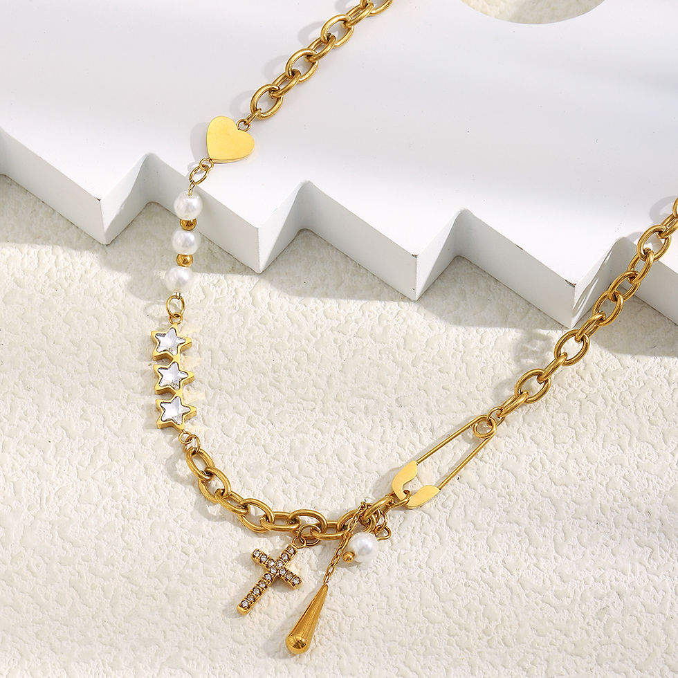Thumbnail: Imitation Pearl Bead Chain Necklace Zircon Star Cross Charm Jewelry Gold Plated