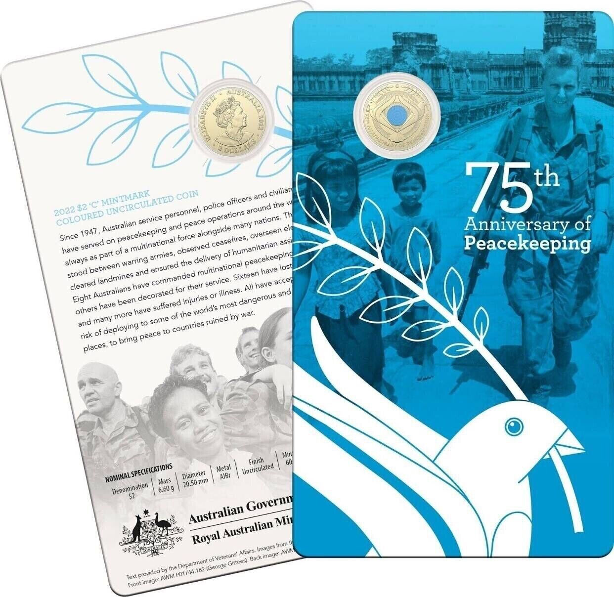 2022 $2 C MINT MARK CARD 75th Anniversary of Peacekeeping Colored Coin