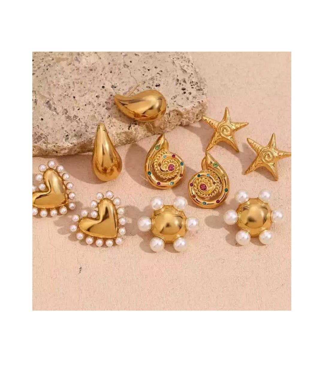 18K Gold Plated Stainless Steel Jewelry Set Pearl Stud Earrings Chose Style