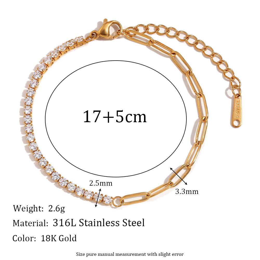 Dreamshow 18K Gold Plated Stainless Steel Zircon Tennis Chain Bracelet 17+5cm