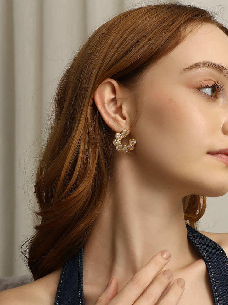 Thumbnail: Zircon Flower Stud Earrings 18k Gold Plated Non Tarnish Jewelry Waterproof Stain
