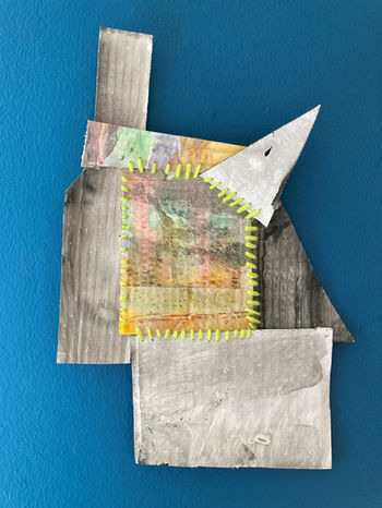 Dogtooth - abstract painting, multicoloured painting attached to monochrome washed parts in various shapes on repurposed card, stitched with lime green wool. 