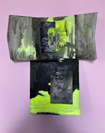 Abstract painting on repurposed card, black, grey and yellow against pink background