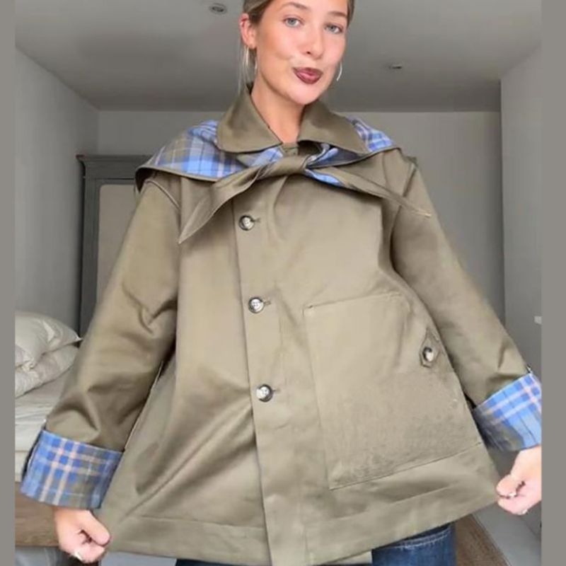 Thumbnail: Vintage Plaid Reversible Two-Way Coat Women Oversize Single Breasted Pocket Loos