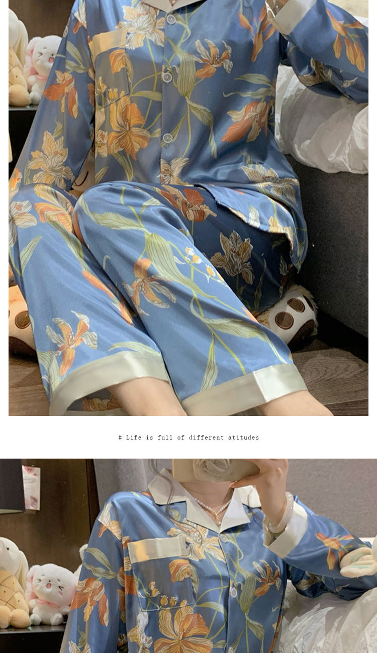 Thumbnail: 2024 New Ice Silk Soft Sleepwear Women's Lapel Cardigan Sets for Women 2 Pieces 