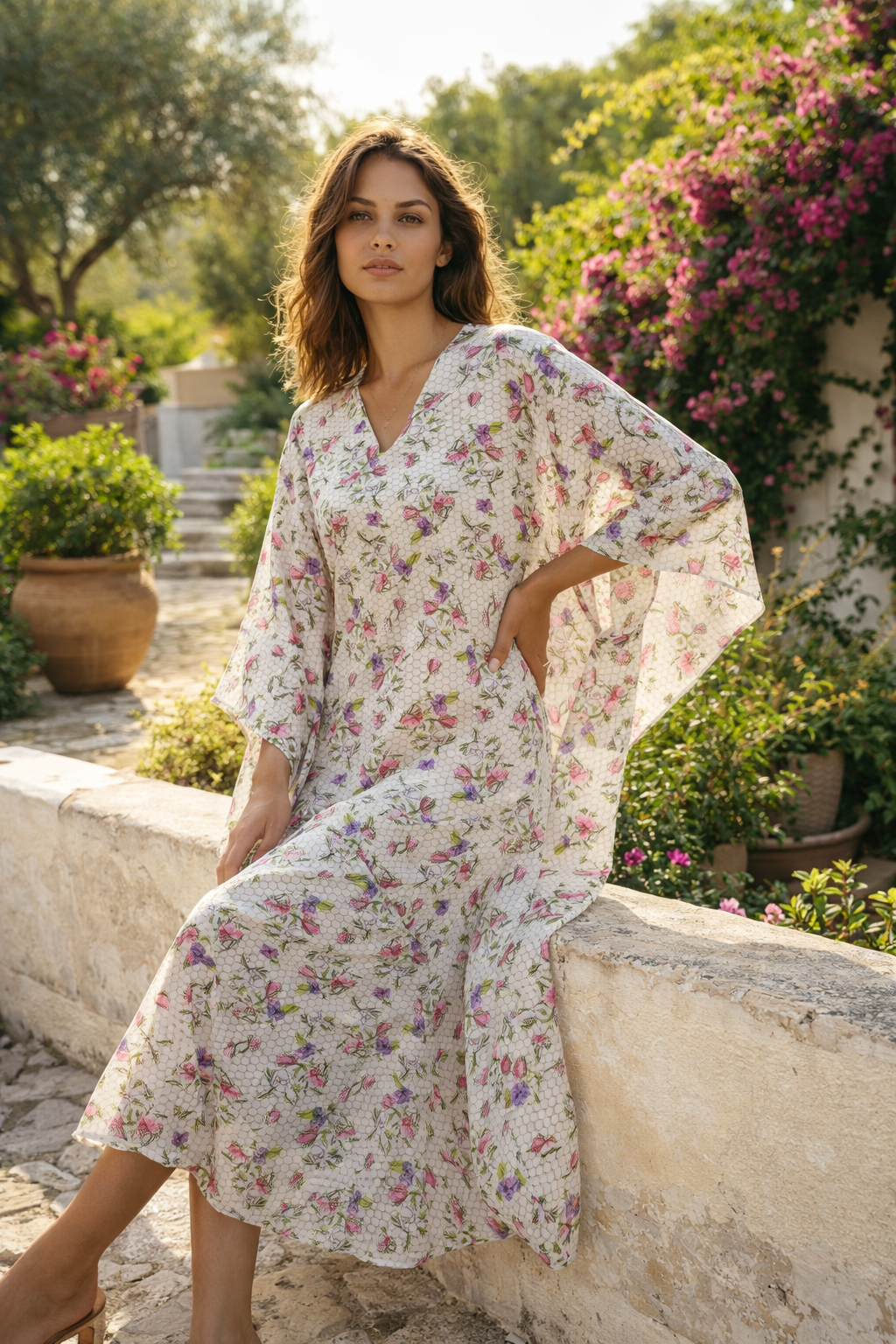 "Orchids" printed silk caftan