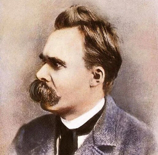 Koloriertes Foto von Nietzsche von der Seite mit sehr imposantem Schnurrbart