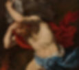 Renaissance-Gemälde Muskulöser, halbnackter Mann in rotem und blauem Tuch, mit erhobenen Armen vor dunklem Hintergrund trägt einen gewaltigen Felsbrocken.