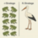 ein Bild: links viele Frösche; rechts ein Storch