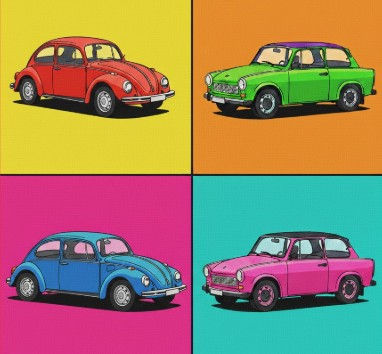 links zwei VW-Käfer, rechts zwei Trabis, in Pop-Art Farben