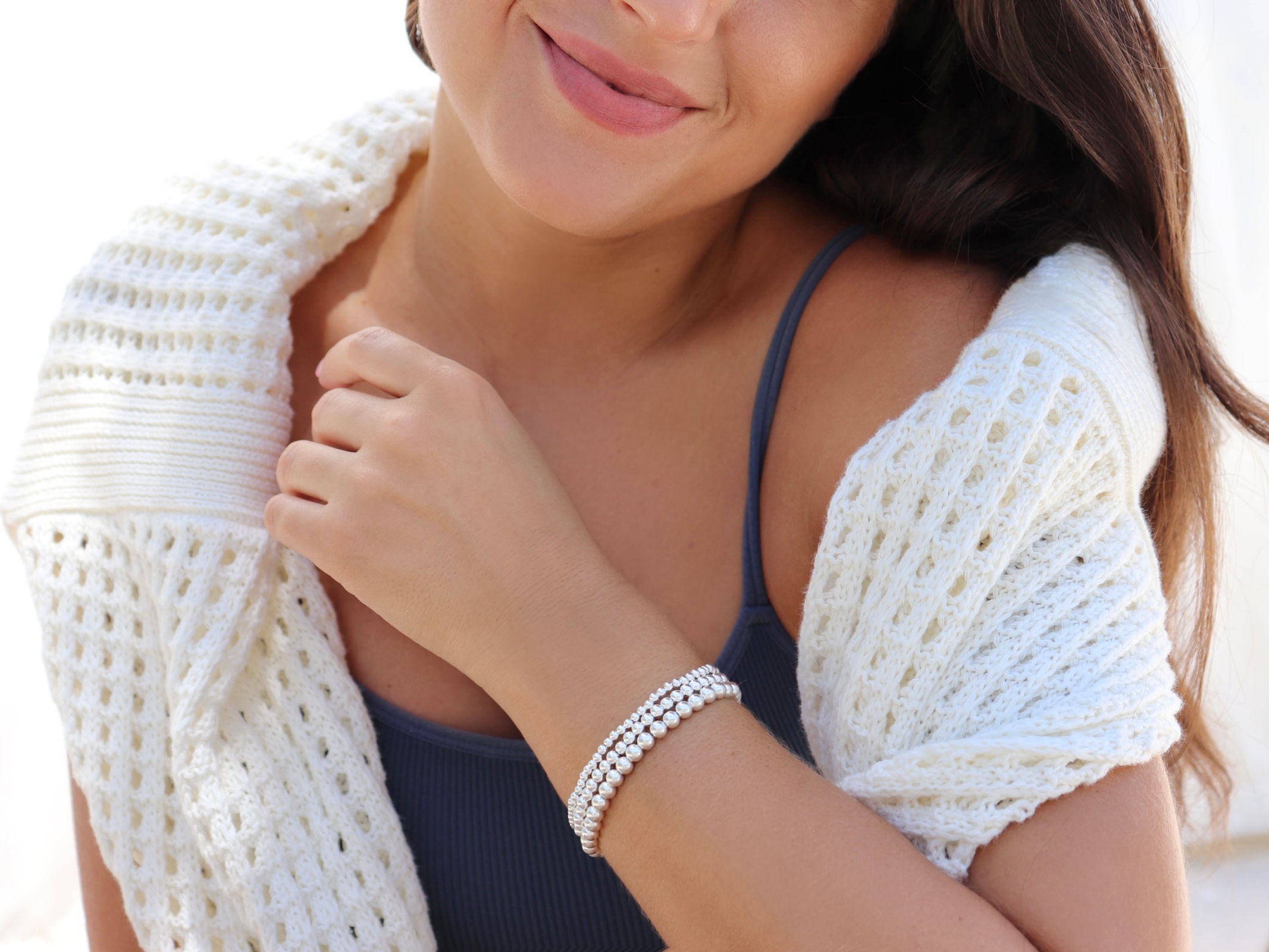 Sterling Silver Stretchy bracelet set on a model