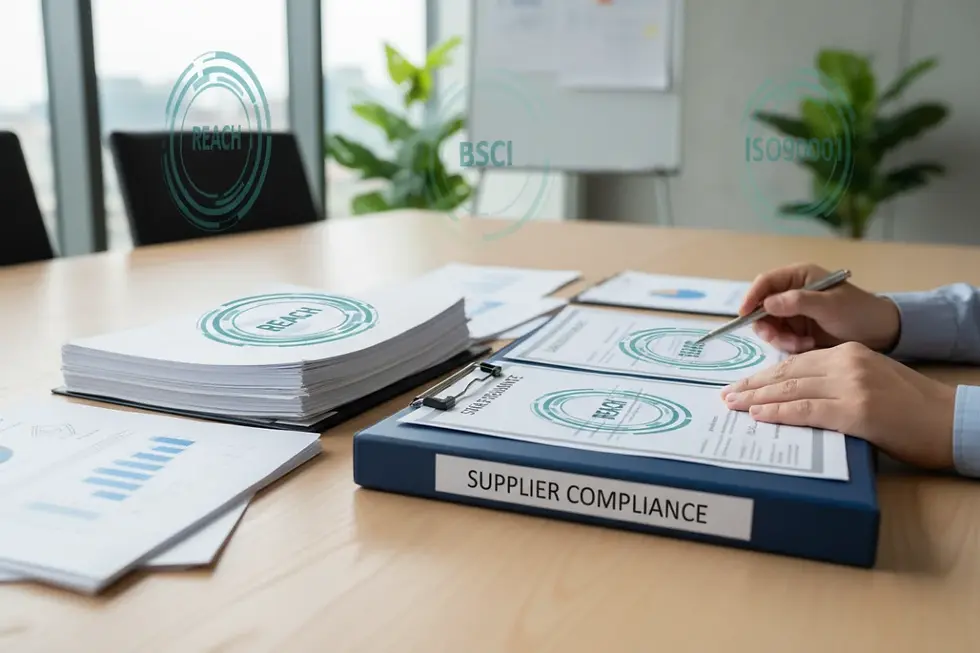 European compliance documents including BSCI and REACH certifications on a table.