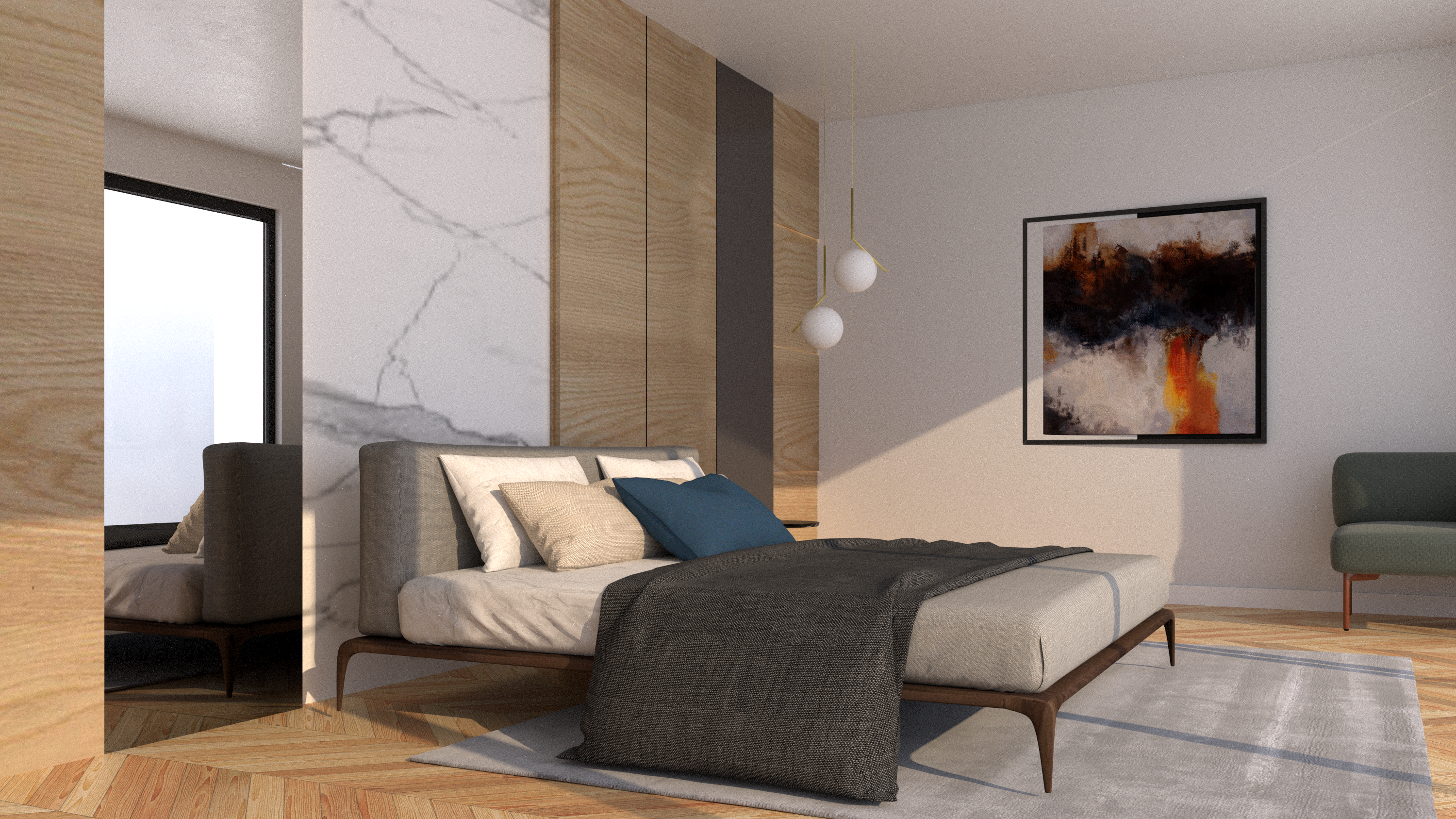 A cozy and stylish living room with bright blue and white traditional Greek island architecture visible through large windows. The interior features a modern orange and white sofa, elegant gold floor lamps, a wooden coffee table, and a bookshelf filled with books. Blue accents and Mediterranean elements create a warm, inviting atmosphere. This image was generated using ArchiVinci AI.