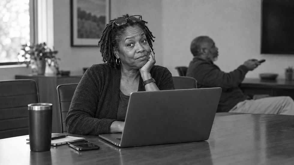 A woman in her 50s at a conference table with her laptop, amused, while a man behind her fumbles with a TV remote.