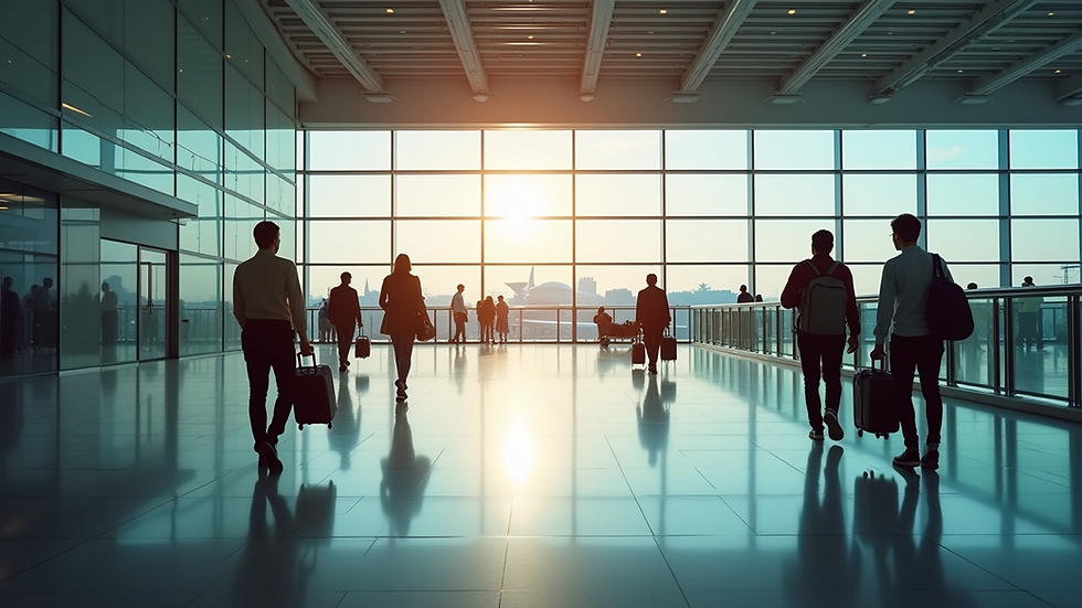 Eye-level view of a modern airport terminal with travelers moving about
