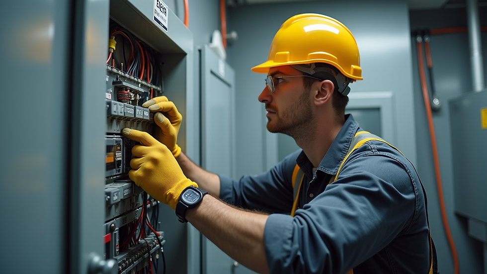 Eye-level view of an electrician inspecting electrical wiring