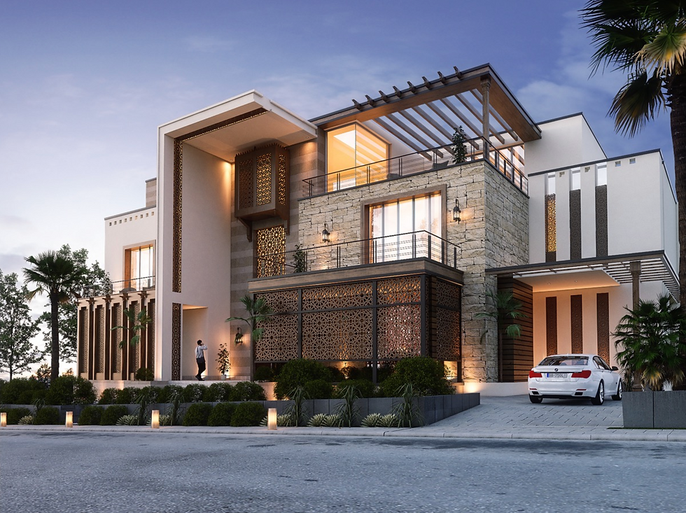 Wide angle view of a stylish residential building showcasing modern design elements.
