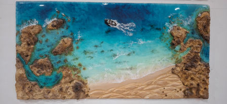 A secluded cove where crystal-clear waters, sculpted rocks, and soft sand come together in a timeless landscape. The absence of people—both on the boat and on the shore—is a deliberate choice, inviting each viewer to imagine themselves within the scene and experience the quiet beauty of this place in their own way.