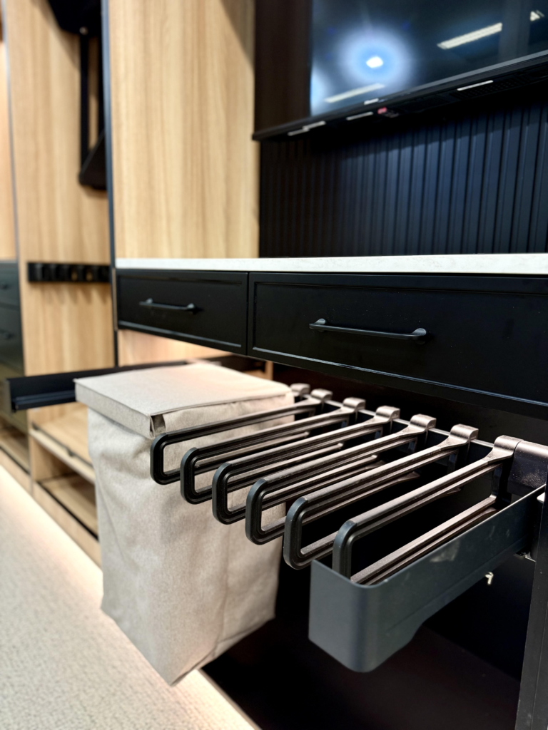 wardrobe detail of racks and hangers in custom wardrobes
