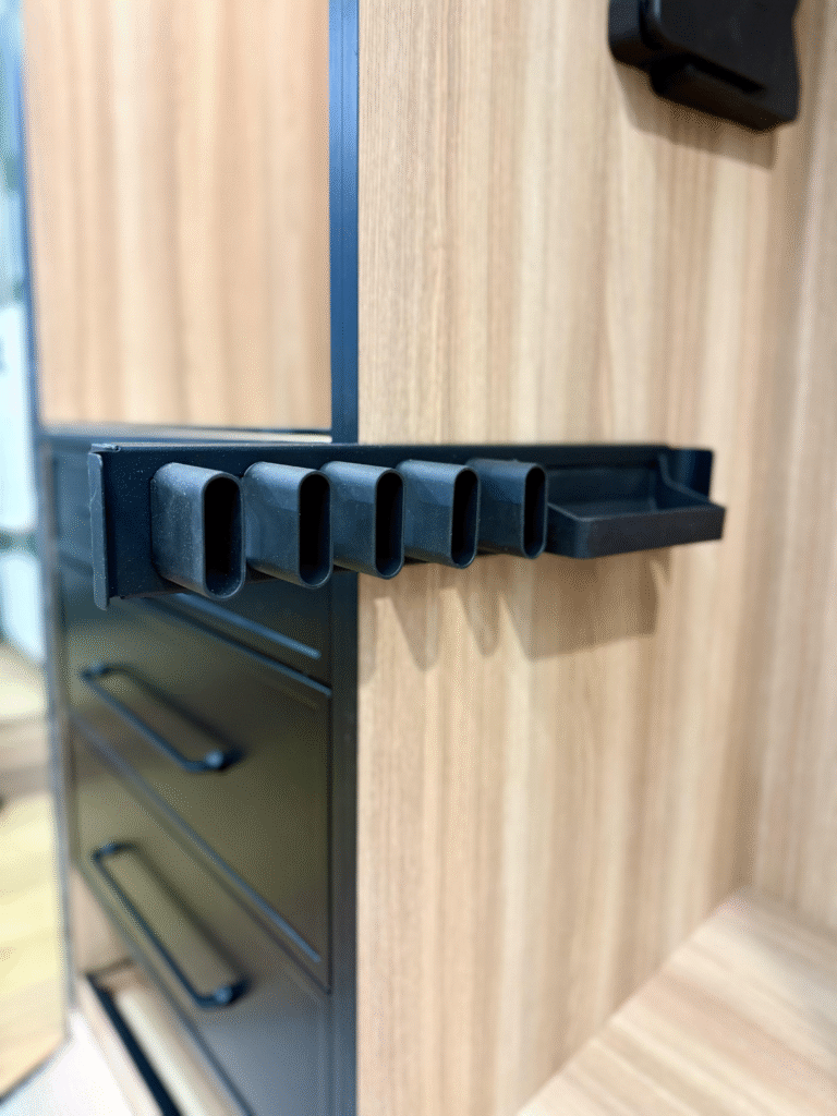 wardrobe detail of racks and hangers in custom wardrobes
