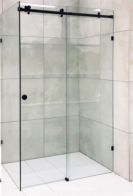 black frameless sliding shower screen Melbourne (aka barn door shower screens)