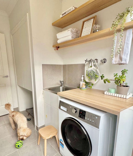 custom laundry room cabinets white cabinets timber bench top & shelves