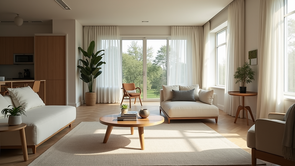 Eye-level view of a modern living room with natural light and open space