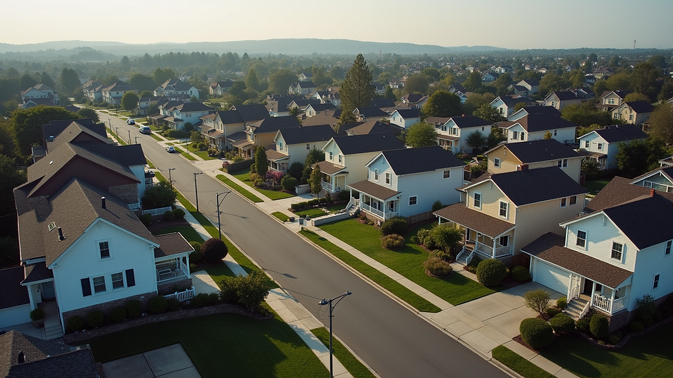 High angle view of a residential neighborhood with diverse home styles