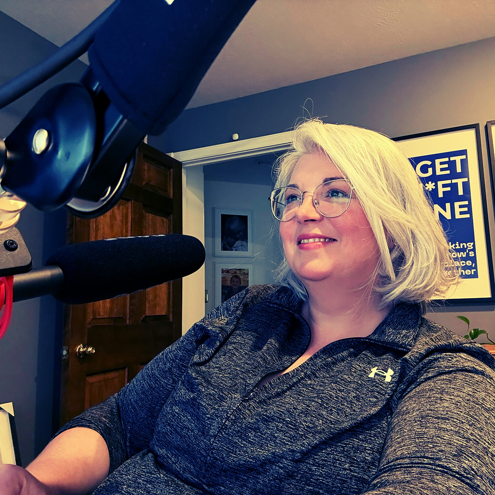 Rachel recording The Shift Show in the recording studio.