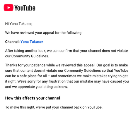 YouTube restored my channel with the "Hope For Peace" archive