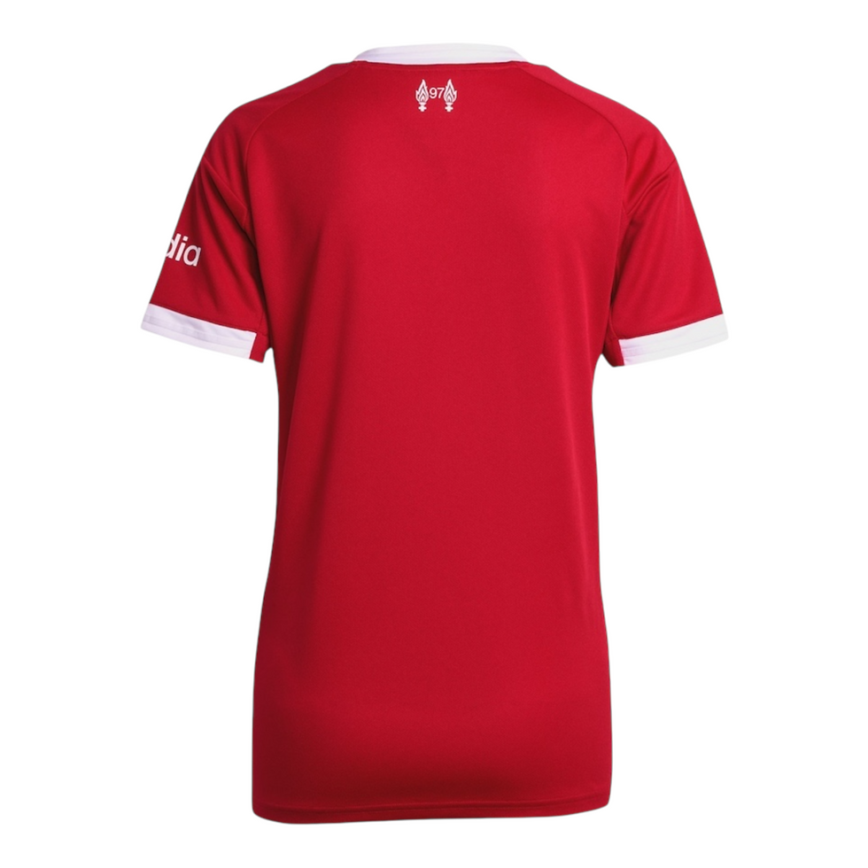 Miniatura: Camisa Liverpool I 25/26 - Torcedor Adidas Feminina - Vermelha com detalhes em b