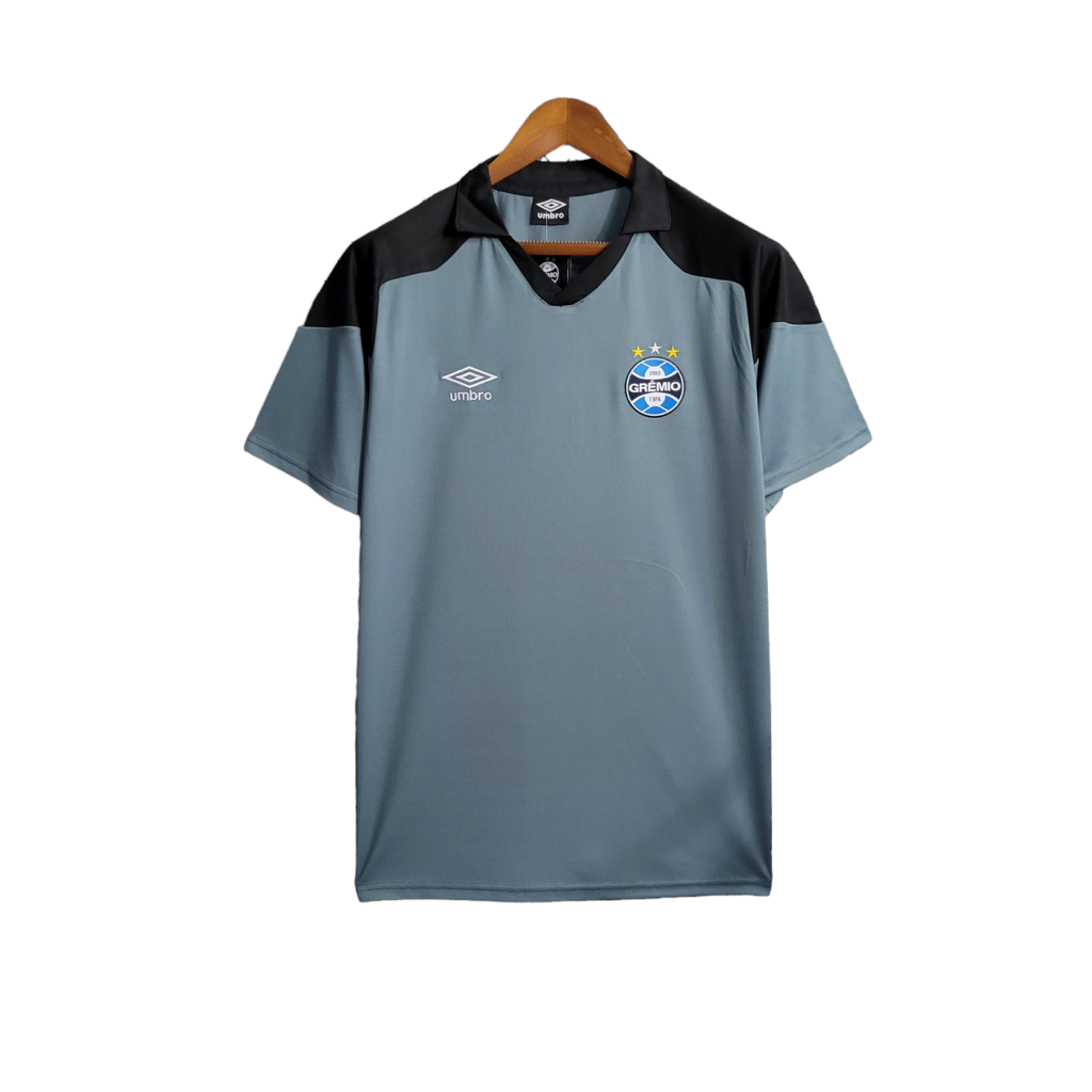 Camisa Grêmio Treino 23/24 - Torcedor Umbro Masculina - Cinza com detalhes em pr