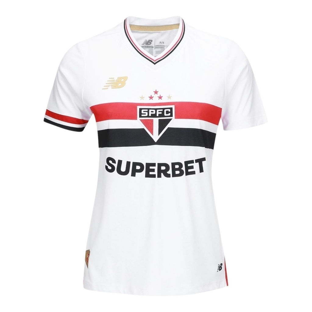 Camisa São Paulo I 25/26 - Torcedor New Balance Feminina - Branca com detalhes e