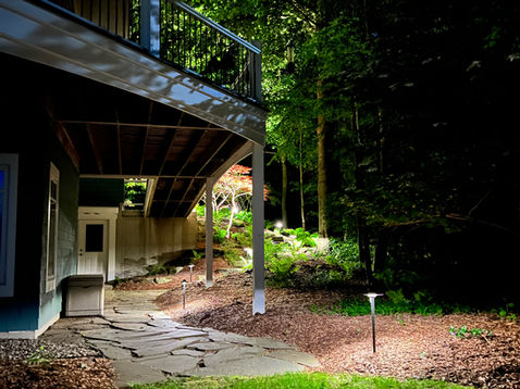 Local landscape lighting installer setting up architectural uplighting on a residential property in Michigan.