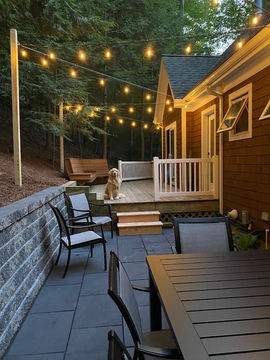Energy-efficient bistro lighting for a patio with soft string lights in Holland, Michigan - Grand Rapids, Michigan.
