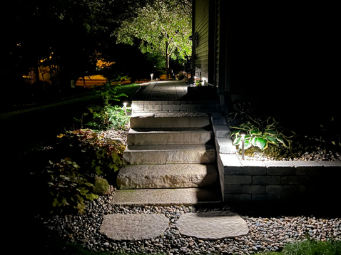 Modern low-voltage path lights casting clean light patterns along a stone walkway for safety and curb appeal.
