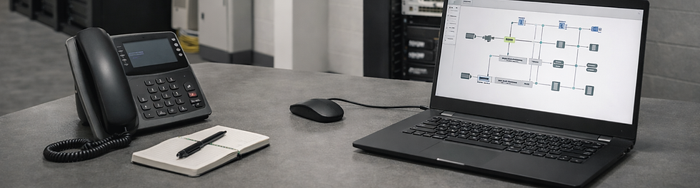 Workstation with a desk phone and laptop displaying a network diagram, positioned in front of structured network racks inside a dedicated equipment room.