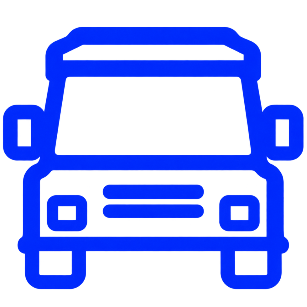Blue line icon of a commercial van viewed from the front.