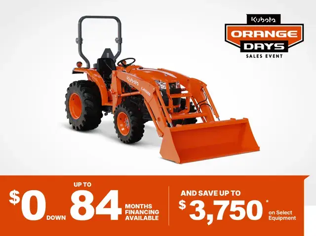 Kubota L2502 compact tractor with front loader, promotional banner showing $0 down, up to 84 months financing, and up to $3,750 savings