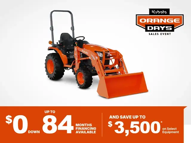 Kubota B01 series compact tractor with front loader, promotional banner showing $0 down, up to 84 months financing, and up to $3,500 savings