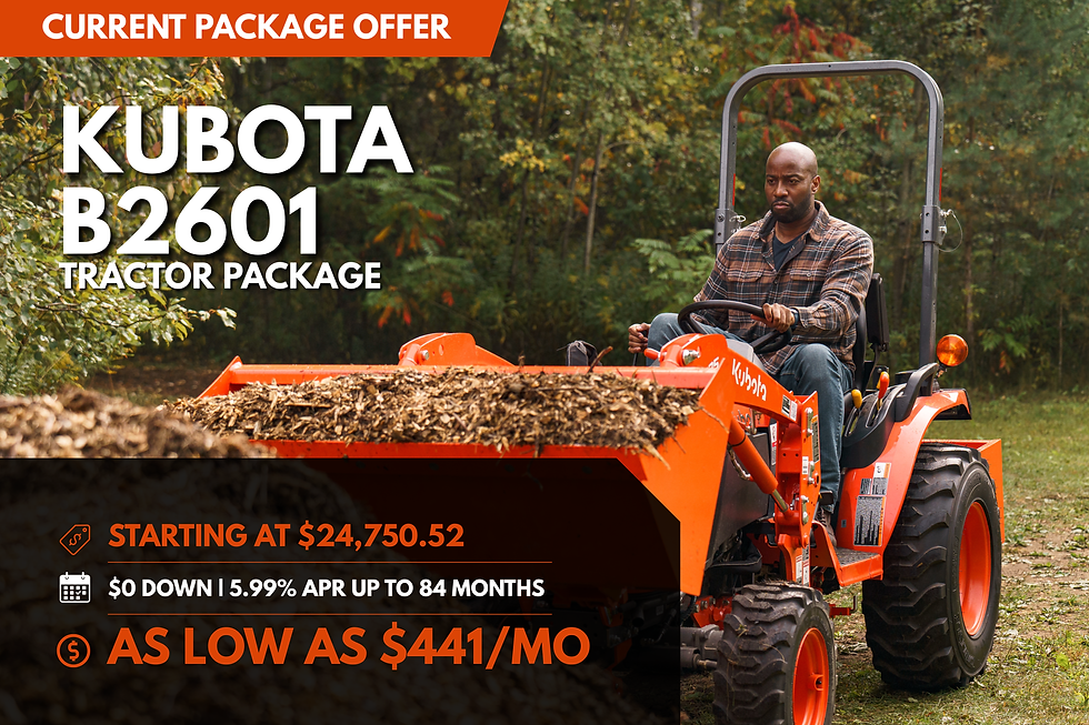 Kubota B2601 tractor package promotional card showing a B2601 compact tractor with front loader carrying mulch in a wooded setting, current package offer starting at $24,750.52, $0 down, 5.99% APR up to 84 months, as low as $441 per month.