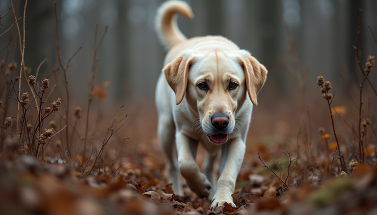 Eye-level view of a Labrador Retriever sniffing through forest underbrush