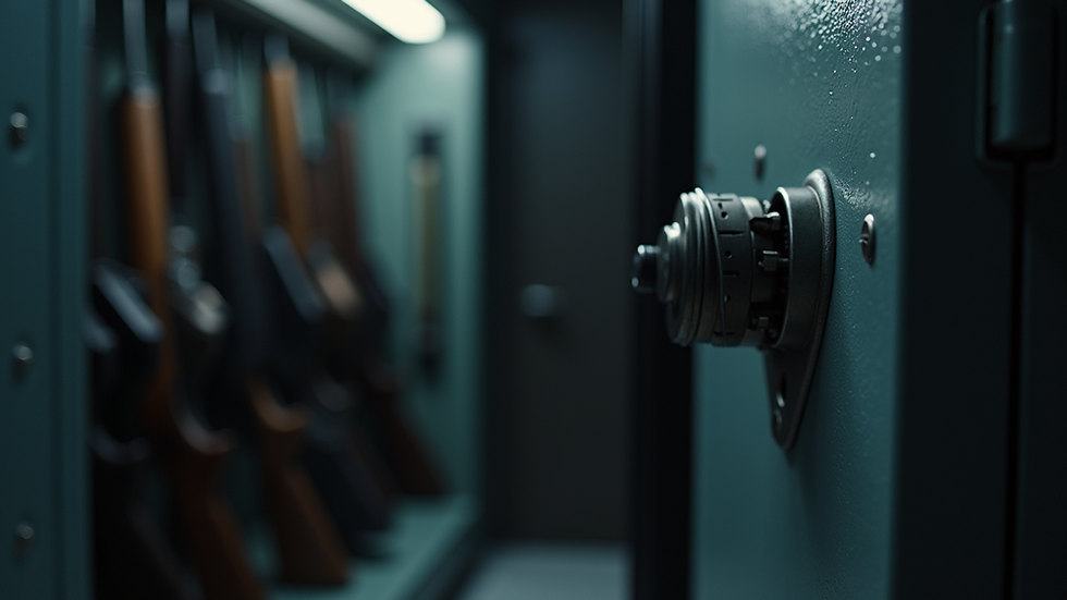 Close-up view of a locked gun safe with firearms inside