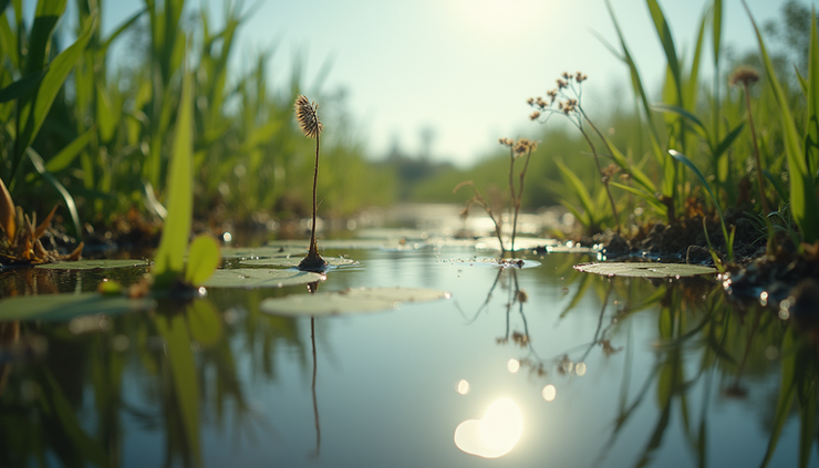 Eye-level view of a freshwater wetland with diverse plants and calm water