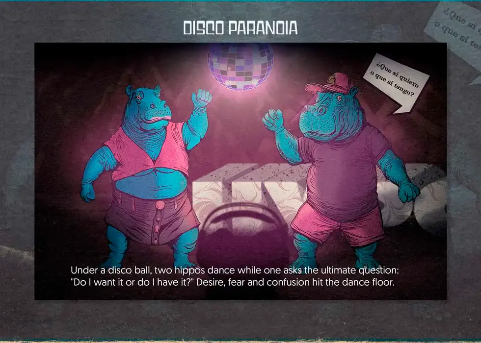 Ilustración hipopótamos en discoteca