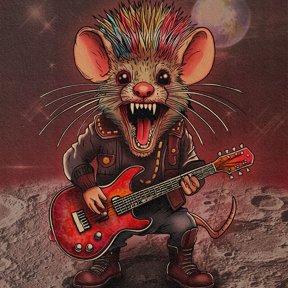 Rata con guitarra, botas y cresta punk sobre superficie lunar con fondo rojizo.