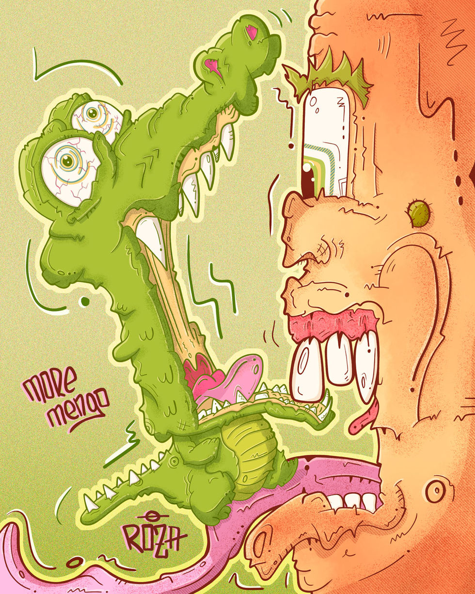 Cocodrilo con cuerpo deformado frente a una figura grotesca. Estilo urbano y expresivo.