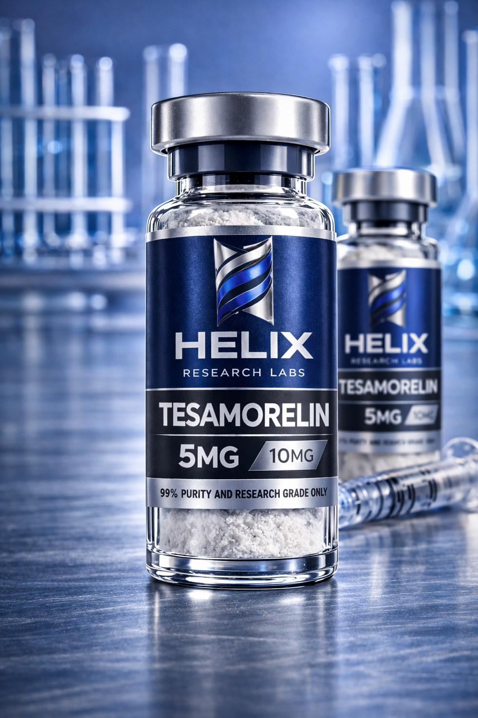 Vials of Tesamorelin 5mg/2ml in a lab setting