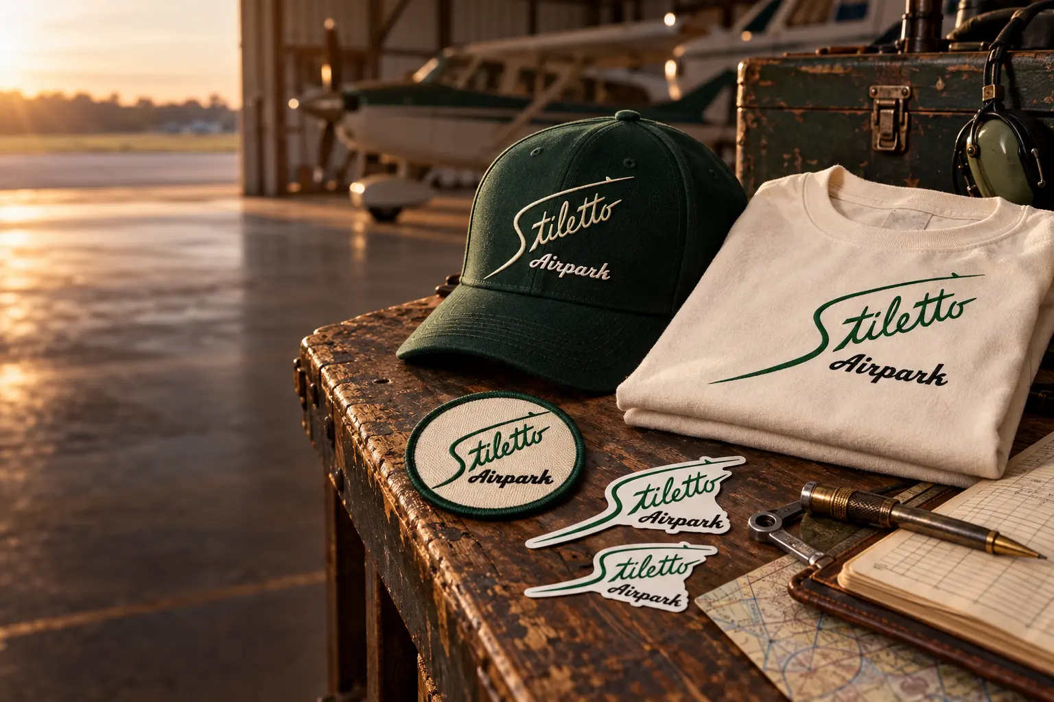 Stiletto Airpark hats, shirts, patches and decals arranged in an aircraft hangar