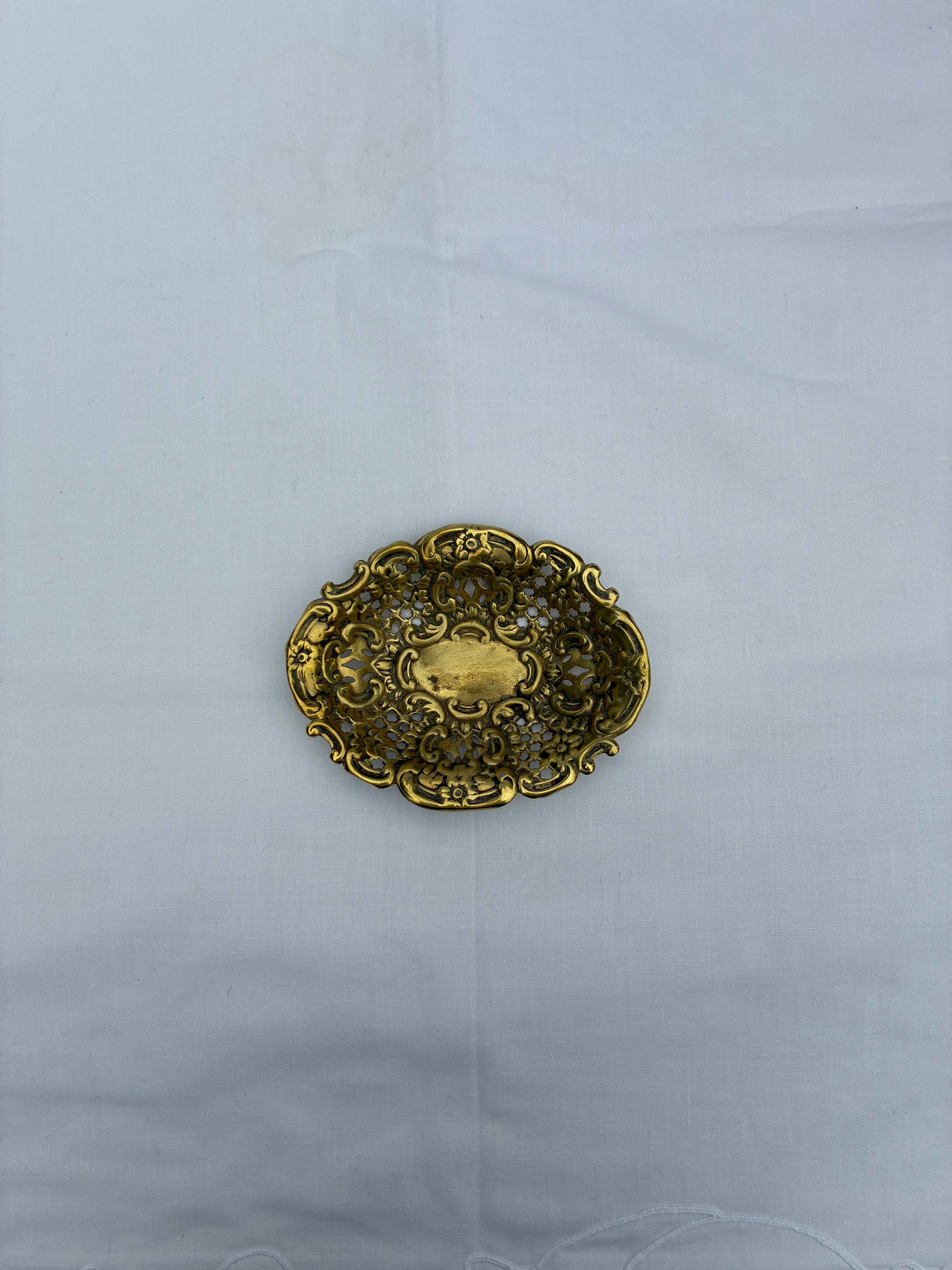 Mid-Century Ornate Pressed Brass Miniature Ring Dish – Rococo Revival Style
